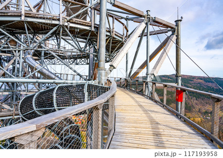 A wooden walkway on the Sky Walk Tower in Swieradow Zdroj, Poland, with a view of the surrounding forest. A wooden walkway on the Sky Walk Tower in Swieradow Zdroj, Poland, with a view of the surrounding forest. 117193958