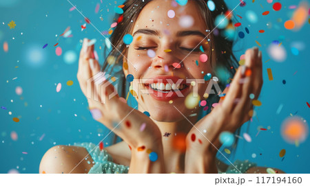 Smiling Woman Celebrating with Colorful Confetti 117194160