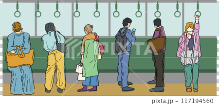 ベクターで描いた電車の中の人々のカラーイラスト 117194560