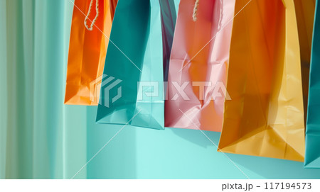 Colorful Shopping Bags Hanging on Blue Background Colorful Shopping Bags Hanging on Blue Background 117194573