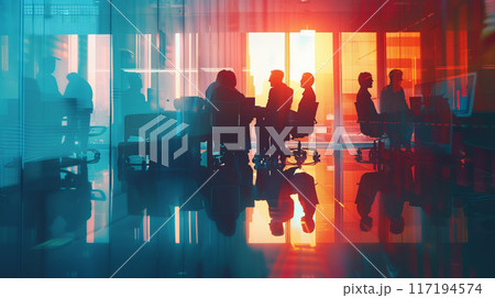 Silhouettes in Office Meeting Room at Sunrise Silhouettes in Office Meeting Room at Sunrise 117194574