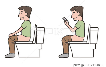 トイレに座る中年男性とトイレでスマホを見る中年男性のセット トイレに座る中年男性とトイレでスマホを見る中年男性のセット 117194838