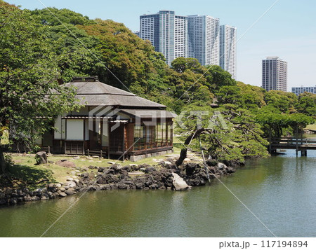 浜離宮庭園汐入の池の燕の御茶屋と背景の超高層ビル群 浜離宮庭園汐入の池の燕の御茶屋と背景の超高層ビル群 117194894