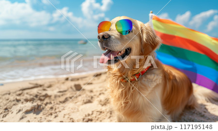 Golden Retriever with Rainbow Sunglasses at Beach Pride Celebration 117195148