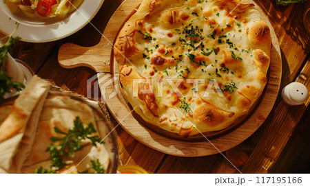 Sunlit Cheese Pizza with Perfectly Baked Golden Crust 117195166