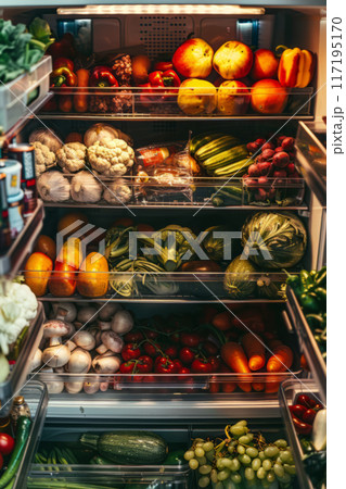 Organized Refrigerator Full of Fresh Produce and Meals 117195170