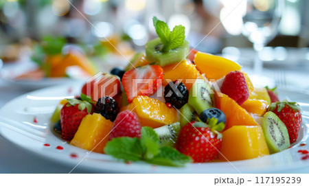 Colorful Fresh Fruit Salad with Mint Detail 117195239