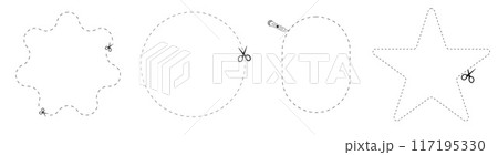 Cut here icon. Set of scissors cutting shape, paper cut here icon with dotted line for ticket, coupon, promo code. Cut here icon. Set of scissors cutting shape, paper cut here icon with dotted line for ticket, coupon, promo code. 117195330