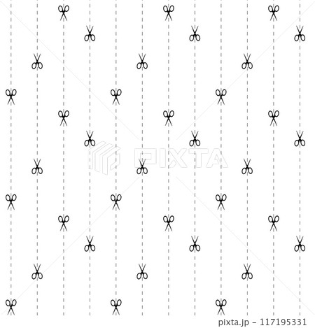 Cut here seamless pattern. Vector scissors with dotted lines, paper cut here seamless pattern for ticket, coupon, promo code. Cut here seamless pattern. Vector scissors with dotted lines, paper cut here seamless pattern for ticket, coupon, promo code. 117195331