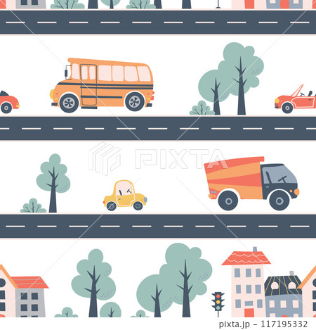 Kids seamless pattern with car, bus and road. Perfect for fabric , digital paper, cards. Kids seamless pattern with car, bus and road. Perfect for fabric , digital paper, cards. 117195332