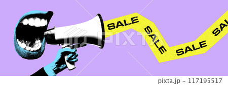 Banner. Contemporary art collage. Blue mouth shouting to megaphone holding by hand against purple background. Vintage style. 117195517