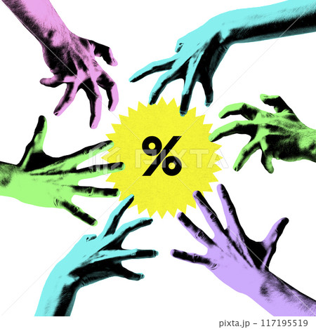 Poster. Contemporary art collage. Colorful hands reaching to yellow circle with percent sign against white background. Vintage style. 117195519