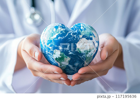 A doctor holding the world in his hands, a blue heart-shaped globe, in the style of white coat 117195636
