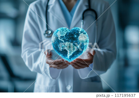 doctor holding the earth in a heart shape, wearing a white coat and holding a blue holographic globe 117195637