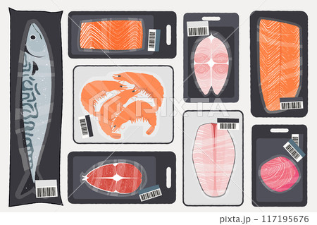 Frozen seafood package. Cartoon plastic trays vacuum bags with fish prawns squid octopus, supermarket grocery storage products with polyethylene film wrap. Vector sea products isolated set Frozen seafood package. Cartoon plastic trays vacuum bags with fish prawns squid octopus, supermarket grocery storage products with polyethylene film wrap. Vector sea products isolated set 117195676