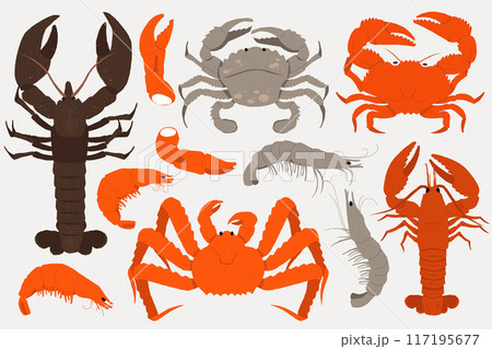 Crabs and lobsters seafood. Cartoon doodle crustaceans, traditional fishery products for menu restaurant, comic characters with claws. Vector isolated set Crabs and lobsters seafood. Cartoon doodle crustaceans, traditional fishery products for menu restaurant, comic characters with claws. Vector isolated set 117195677