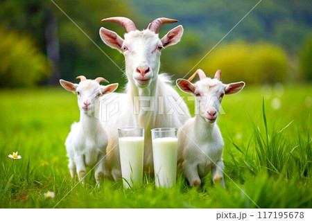 Two glasses of fresh milk, a goat with kids on a green pasture 117195678