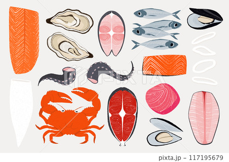Cartoon seafood. Hand drawn marine fish and shellfish, doodle octopus squid crab oyster mussels for restaurant menu. Vector isolated set 117195679