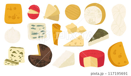 Cartoon cheese. Dairy food, fresh farm cheese organic gourmet appetizer, fresh organic milk product for breakfast snack. Cheddar piece and parmesan slice edam and gouda. Vector tasty healthy meal set 117195691