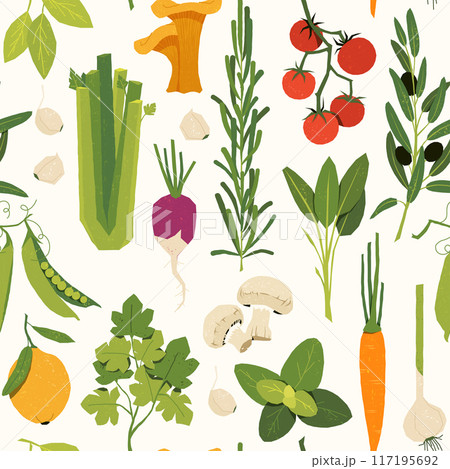 Italian herbs pattern. Seamless print of Mediterranean vegetables and farm plants with basil parsley rosemary chili garlic onion tomato, leafy plants. Vegan food, mix salad ingredients vector texture Italian herbs pattern. Seamless print of Mediterranean vegetables and farm plants with basil parsley rosemary chili garlic onion tomato, leafy plants. Vegan food, mix salad ingredients vector texture 117195692