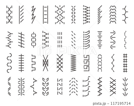Sewing machine stitches. Embroidery zigzag straight overlock and fringe details, sewing textile ornament and seam structure. Vector isolated set. Stitch pattern thread borders, needlework texture 117195714