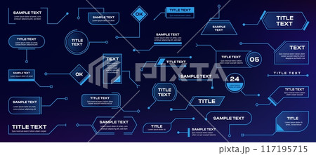 Callout shapes. Futuristic infographic elements with hologram labels, sci fi tech radar menu callout buttons and frames. Vector infographics elements collection. HUD information chart, title layout 117195715
