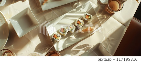 Elegant Sushi Selection on White Ceramic Plate Elegant Sushi Selection on White Ceramic Plate 117195816