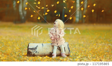Happy little child having fun playing with flying yellow leaves in autumn park 117195865