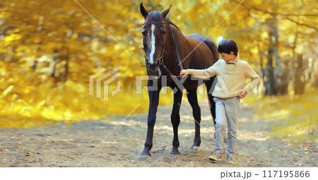 Teenager boy kid walking with horse in autumn forest, horseback riding Teenager boy kid walking with horse in autumn forest, horseback riding 117195866