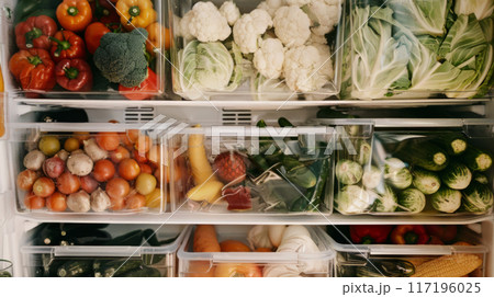 Organized Refrigerator Full of Fresh Produce and Meals 117196025