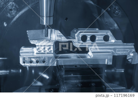 The 5-axis machining center cutting aerospace parts with solid ball nose end mill tool in the light blue scene. 117196169