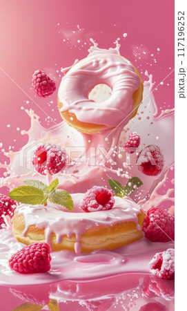 Dynamic Pink Doughnut with Raspberries Splashing 117196252