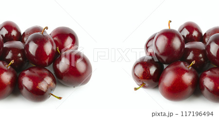 Fresh plums isolated on white. Free space for text. Wide photo. Collage. 117196494