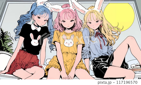 コギャルたちのお月見：ウサギ耳のコスプレで仲間とお祭り