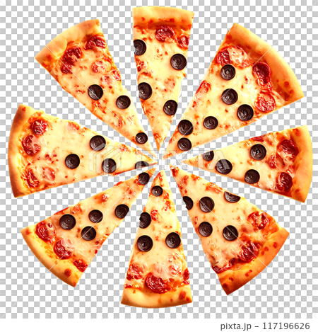 Delicious cheese pizza isolated on a transparent background Delicious cheese pizza isolated on a transparent background 117196626