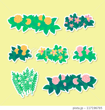 Cartoon Color Flower Houseplant Stickers Set Concept Flat Design Style. Vector illustration of Blooming Plant Badge 117196785
