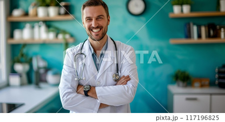 Happy Young Doctor in Modern Medical Office. Cheerful young male doctor smiling with arms crossed, wearing white coat and stethoscope, standing in a bright, modern medical office. Banner copy space 117196825