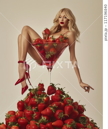 Woman in red heels sitting in giant cocktail glass filled with strawberries. Conceptual studio photography. Strawberry and luxury lifestyle concept 117196840