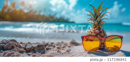 Pineapple wearing sunglasses on sandy beach. Creative summer concept shot. Vacation and fun concept. Design for summer-themed poster, greeting card. Banner with copy space 117196841