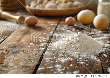 Pile of flour with eggs and wooden rolling pin on a wooden table. Rustic baking ingredients. Pile of flour with eggs and wooden rolling pin on a wooden table. Rustic baking ingredients. 117196854