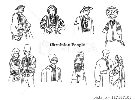 Black linear Slavic people in Ukrainian folk costumes 117197103