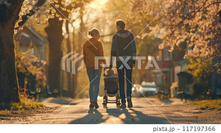 young couple strolls through a park, hand in hand, pushing a stroller with their child as the golden hour illuminates the scene. 117197366