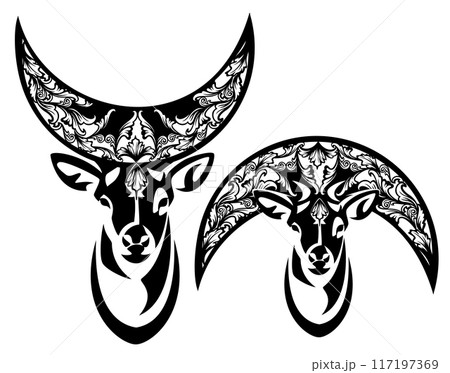 deer stag head and crescent moon crown black and white vector design deer stag head and crescent moon crown black and white vector design 117197369