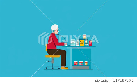 woman in a red sweater sits at a pharmacy counter, taking her own blood pressure. woman in a red sweater sits at a pharmacy counter, taking her own blood pressure. 117197370