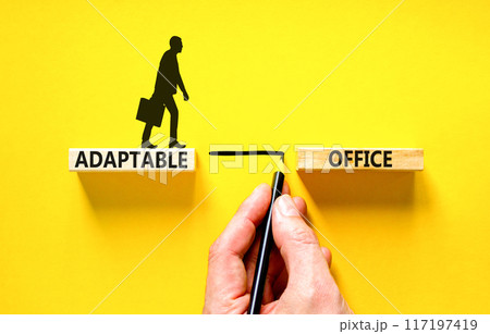 Adaptable office symbol. Concept words Adaptable office on beautiful wooden block. Businessman icon. Businessman hand. Beautiful yellow background. Business Adaptable office concept. Copy space. Adaptable office symbol. Concept words Adaptable office on beautiful wooden block. Businessman icon. Businessman hand. Beautiful yellow background. Business Adaptable office concept. Copy space. 117197419