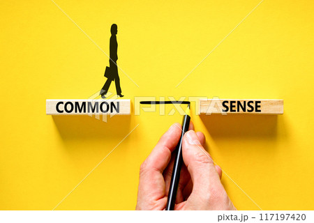 Common sense symbol. Concept words Common sense on beautiful wooden block. Beautiful yellow table yellow background. Businessman hand. Business, motivational common sense concept. Copy space. 117197420