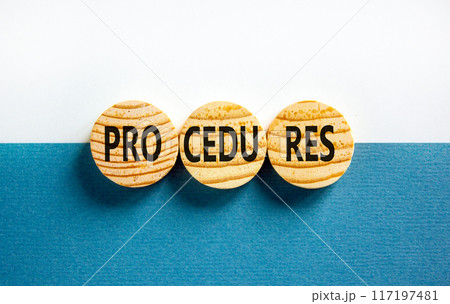 Procedures symbol. Concept word Procedures on beautiful wooden circles. Beautiful blue white background. Business procedures concept. Copy space. 117197481