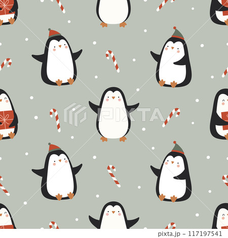 Seamless Christmas pattern with funny penguins and candy cane. Seamless Christmas pattern with funny penguins and candy cane. 117197541