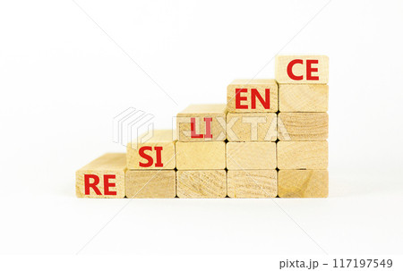 Resilience symbol. Concept word Resilience on beautiful wooden blocks. Beautiful white background. Business resilience concept. Copy space. 117197549