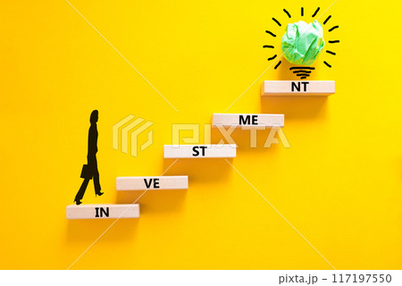 Investment symbol. Concept word Investment on beautiful wooden blocks. Businesswoman icon. Beautiful yellow background. Business investment concept. Copy space. Investment symbol. Concept word Investment on beautiful wooden blocks. Businesswoman icon. Beautiful yellow background. Business investment concept. Copy space. 117197550